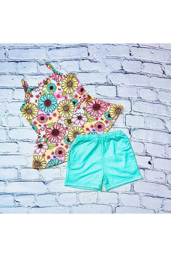 Multicolor daisies top w/aqua pocket shorts 2pc set XCH0666-34H