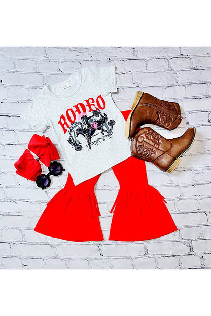 "RODEO" cowgirl top w/red fringe bell bottoms 2pc set