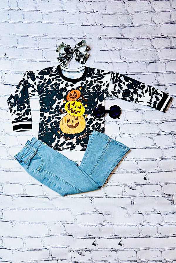 Western cow printHalloween long sleeve girls boutique top DLH0821-5