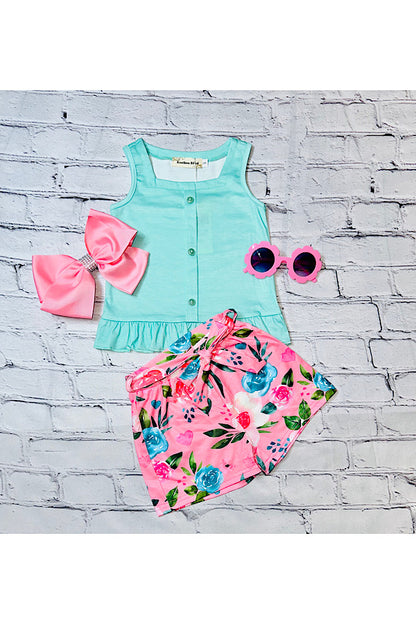 Aqua top w/pink floral shorts 2pc set XCH0333-2H