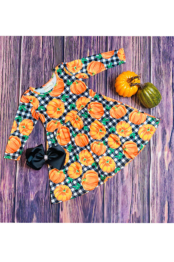 Black & white checkers w/pumpkins long sleeve dress XCH0555-24H