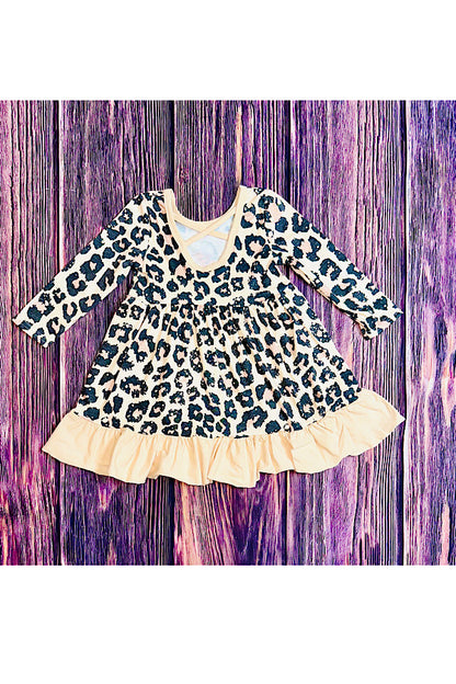 Cheetah & pumpkins ruffle long sleeve dress DLH2336