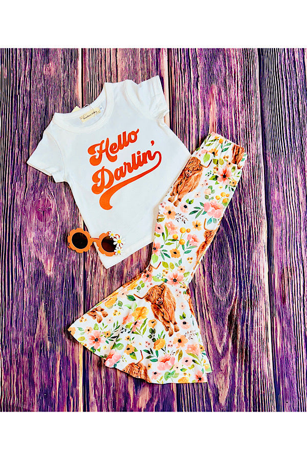 "HELLO DARLIN" bulls & floral print 2pc set XCH0333-20H