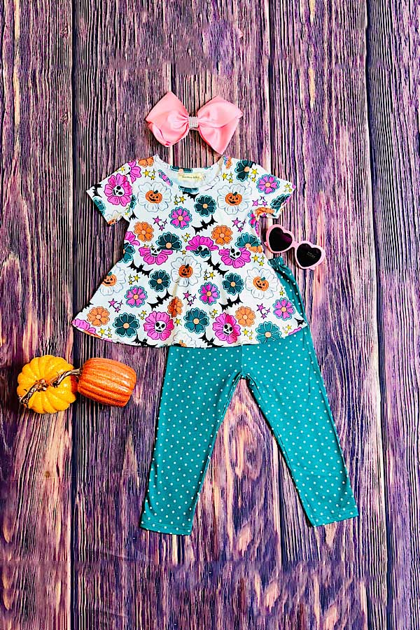 Hunter green w/polka dots & pumpkins 2pc set X0010-19