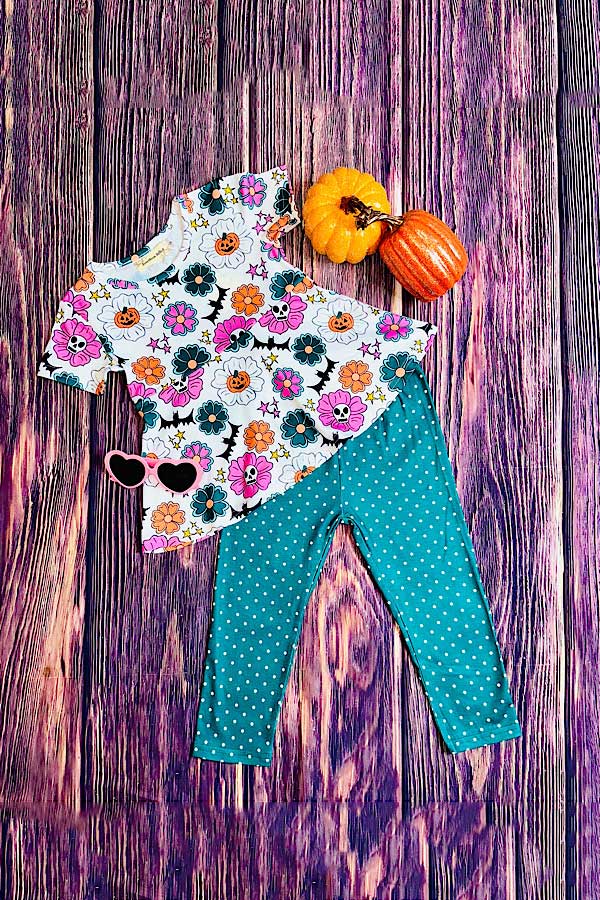 Hunter green w/polka dots & pumpkins 2pc set X0010-19