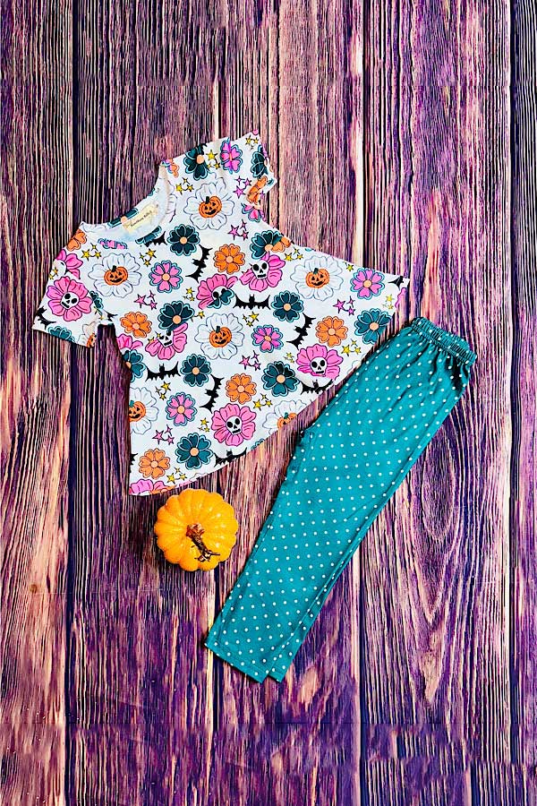 Hunter green w/polka dots & pumpkins 2pc set X0010-19