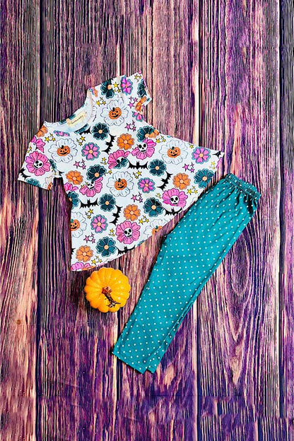 Hunter green w/polka dots & pumpkins 2pc set X0010-19