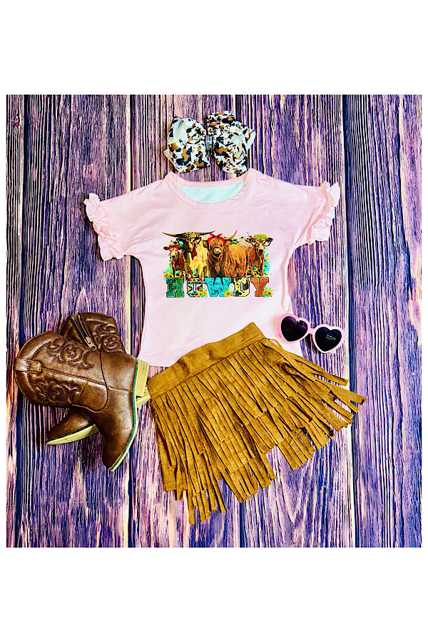 "HOWDY" top & brown suede fringe skirt 2pc set DLH2592
