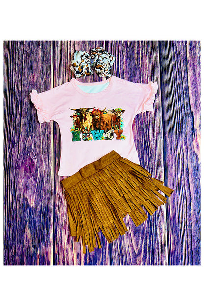 "HOWDY" top & brown suede fringe skirt 2pc set DLH2592