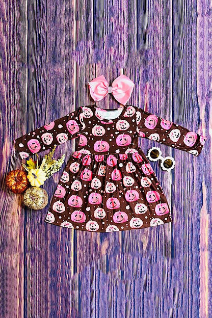 Halloween pumpkin brown long sleeve girls boutique dress DLH2664