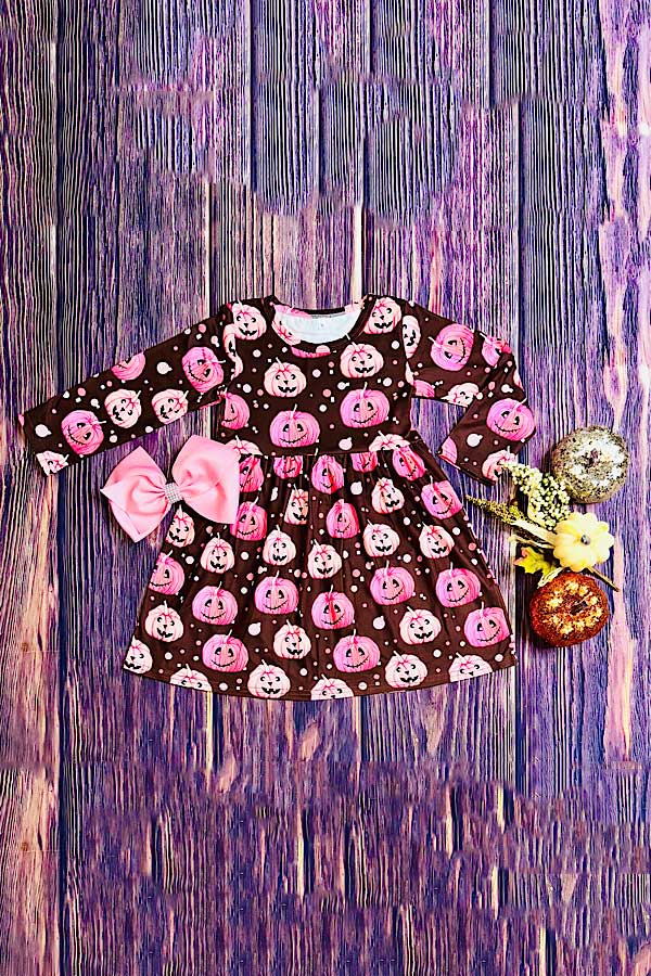 Halloween pumpkin brown long sleeve girls boutique dress DLH2664