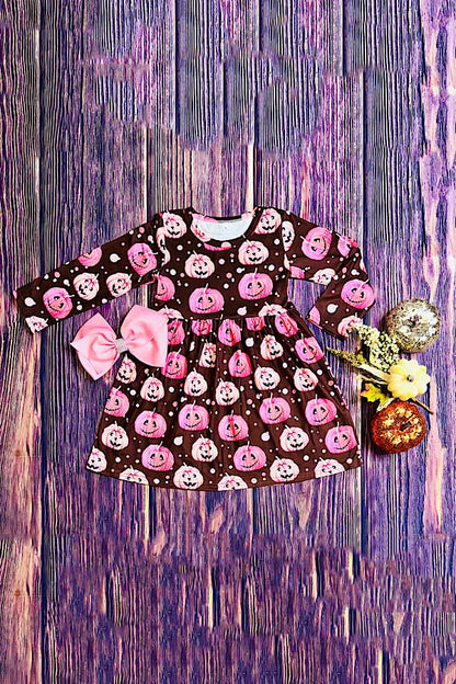 Halloween pumpkin brown long sleeve girls boutique dress DLH2664