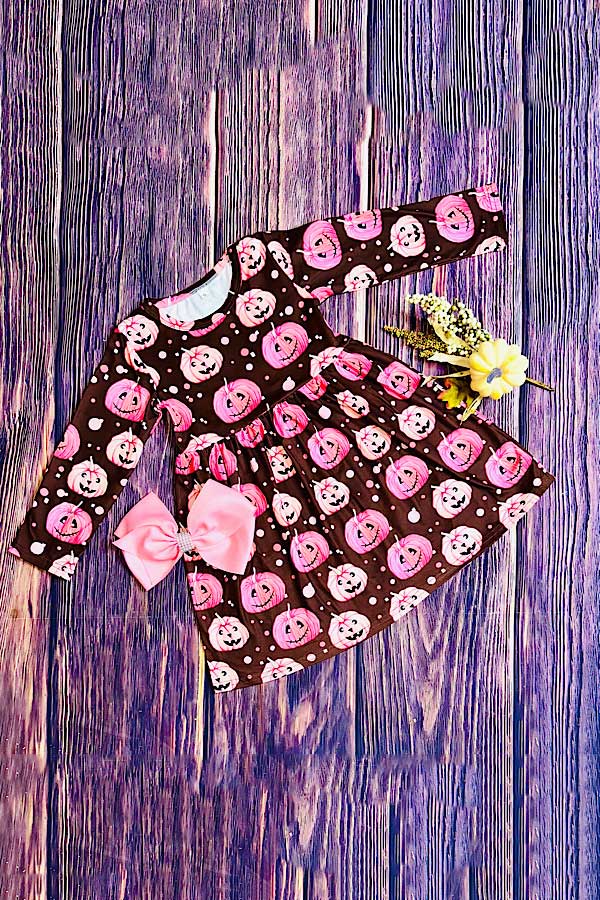 Halloween pumpkin brown long sleeve girls boutique dress DLH2664