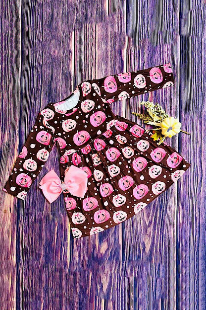Halloween pumpkin brown long sleeve girls boutique dress DLH2664