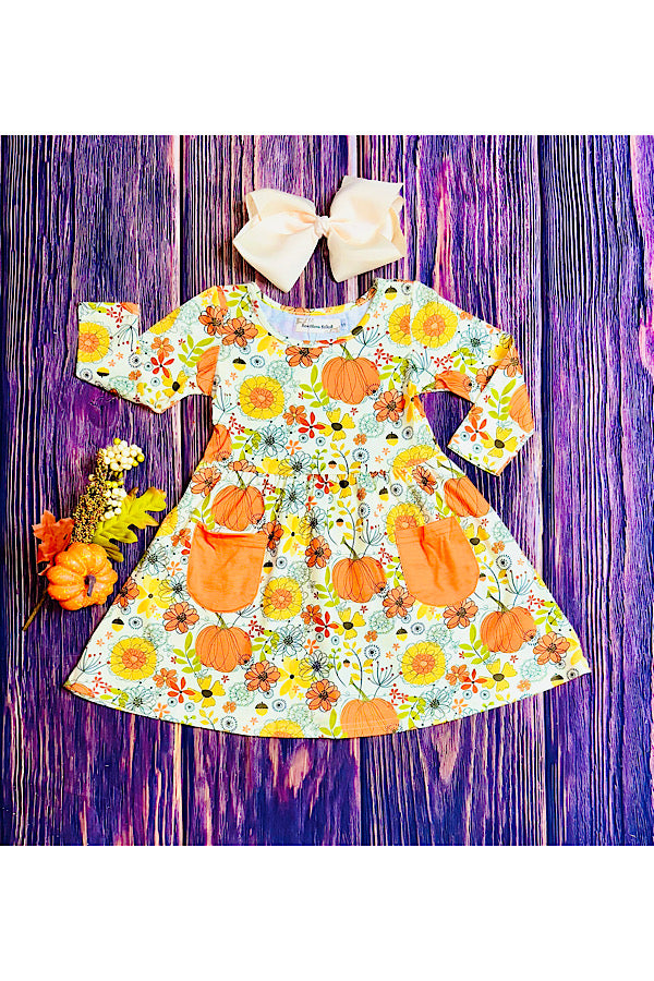 Floral & pumpkin print pockets long sleeve dress XCH0014-1H