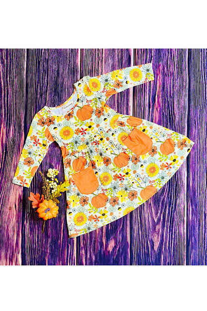 Floral & pumpkin print pockets long sleeve dress XCH0014-1H