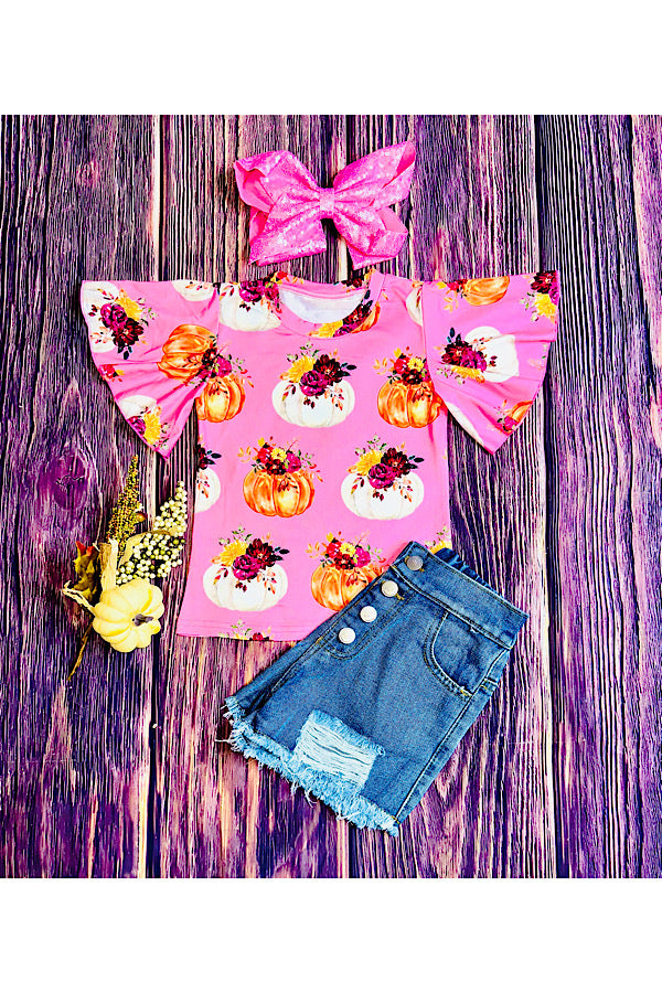 Pink pumpkins & floral print ruffle short sleeve top DLH2578