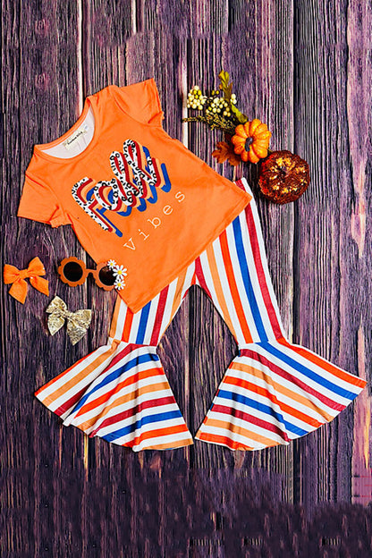 Western "FALL VIBES" orange top & stripes girls boutique set XCH0333-26H