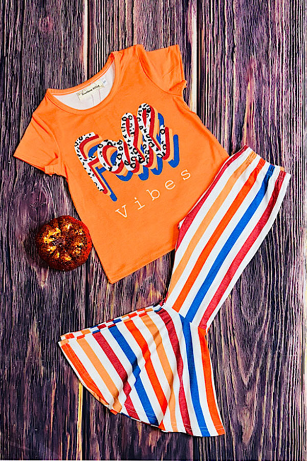 Western "FALL VIBES" orange top & stripes girls boutique set XCH0333-26H