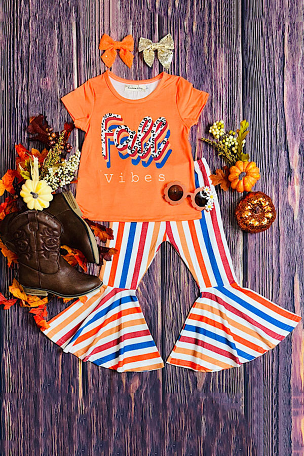 Western "FALL VIBES" orange top & stripes girls boutique set XCH0333-26H