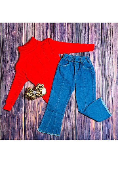 Red girl's turtleneck knit sweater DLH2536