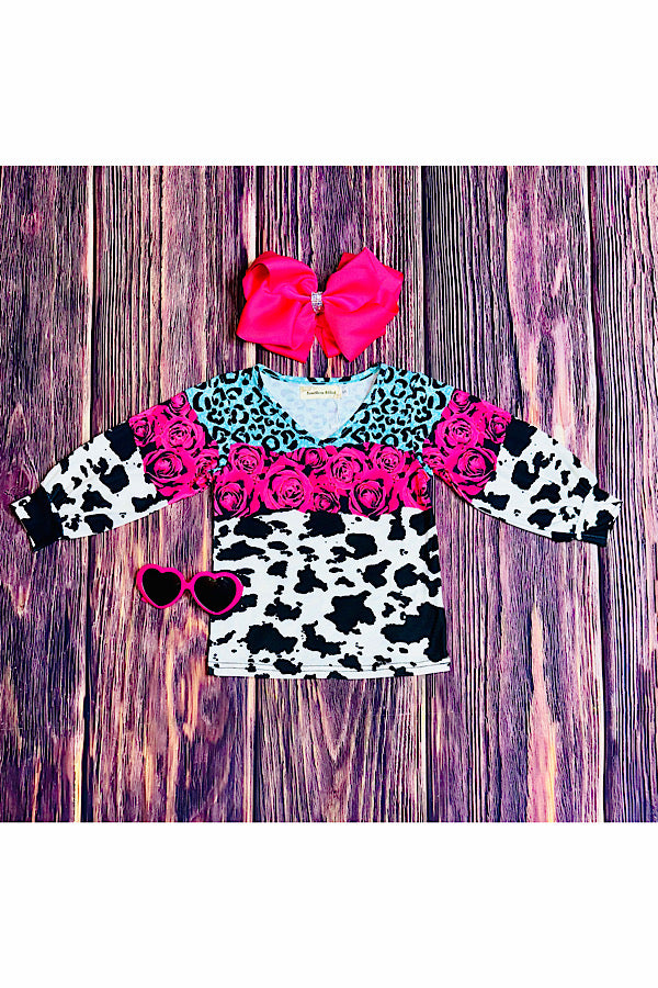 Cow, hot pink roses, & turquoise animal print v-neck top XCH0011-1H