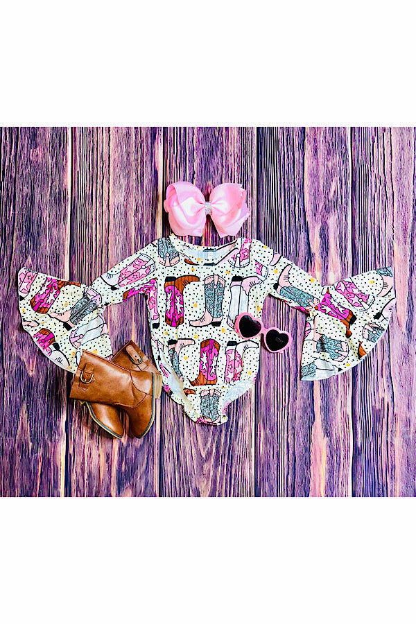 Multicolor cowgirl boots print flare long sleeve baby onesie DLH2652