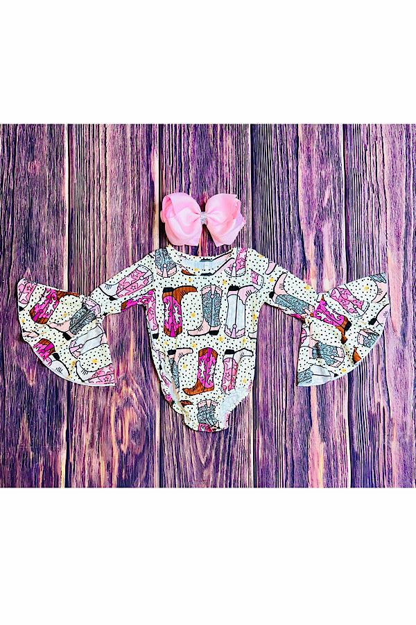 Multicolor cowgirl boots print flare long sleeve baby onesie DLH2652
