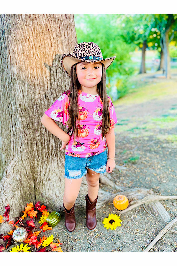 Pink pumpkins & floral print ruffle short sleeve top DLH2578