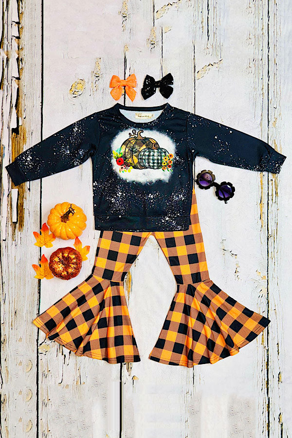 Black & orange checker & pumpkins 2pc sweatshirt set X0015-5