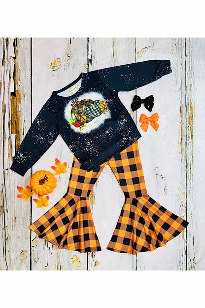 Black & orange checker & pumpkins 2pc sweatshirt set XCH0015-5H