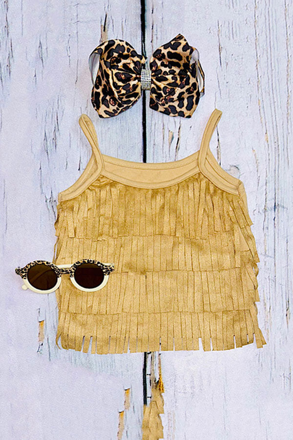 Western Kids Tan suede fringe tassel top & skirt 2pc girls set DLH2615/DLH2619