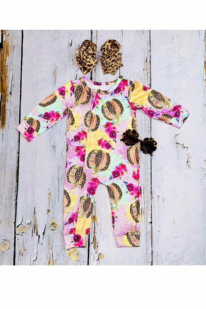 Multicolor & leopard pumpkins & floral print baby romper DLH2675