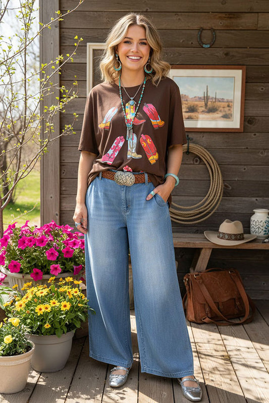 BQ14810 Sparkling rhinestone boots patterns brown short sleeve women top