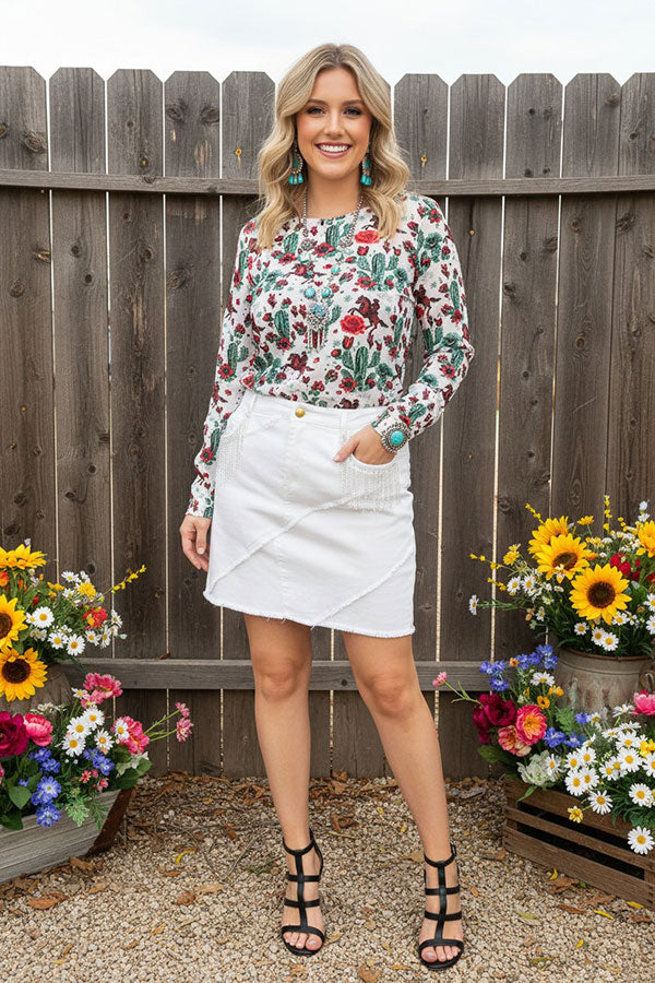 Southern Stitch Mom and me white denim rhinestone fringe women's skirt DLH13758