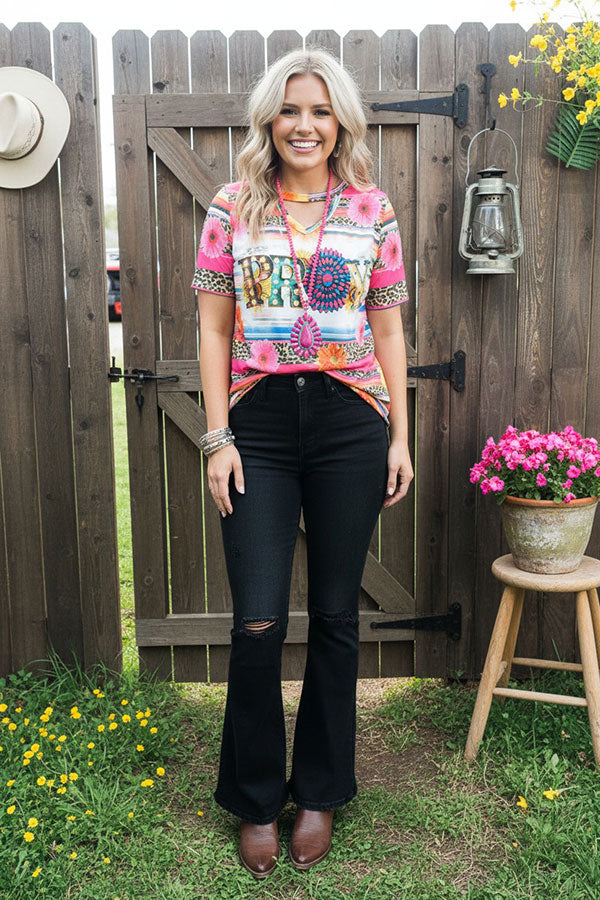 PRAY serape leopard multi-color printed short sleeves women top XCH13042