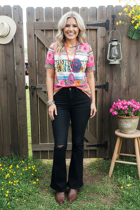 PRAY serape leopard multi-color printed short sleeves women top XCH13042