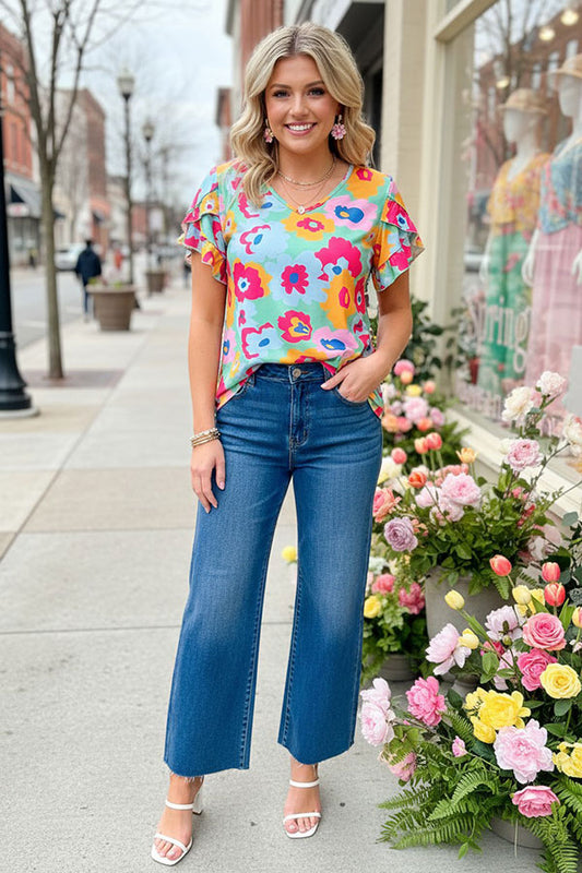 Shop floral printed short sleeve w/folded ruffle women blouse XCH15807