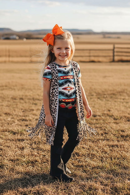 Western cheetah open style girls boutique cardigan with tassels XCH0001-1H