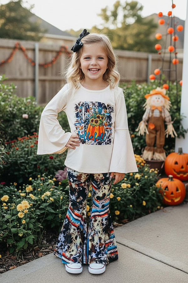 Western "hello fall" pumpkin top & cow pant halloween girls boutique set XCH0010-11H