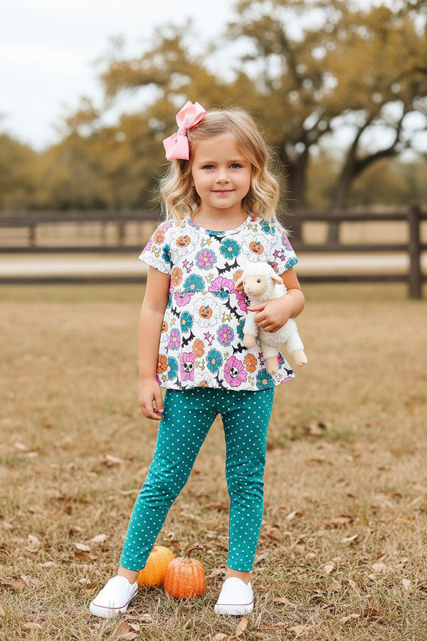 Halloween hunter green w/polka dots & pumpkin girls boutique set XCH0010-19H