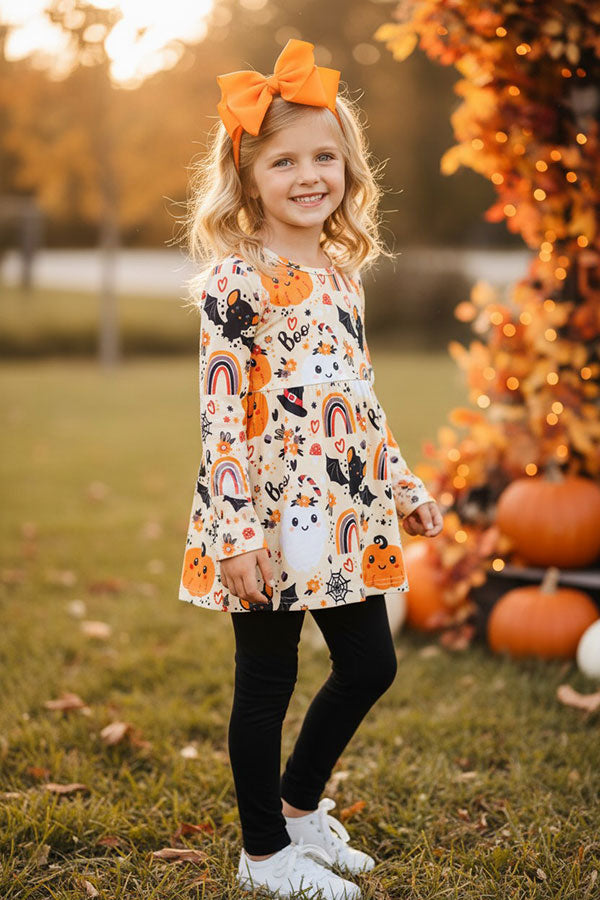 Halloween "BOO" rainbows, ghost, bats, & pumpkins girls boutique set XCH0010-3H