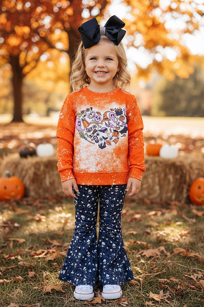 Halloween bleached sweatshirt bell bottom girls boutique set XCH0010-5H