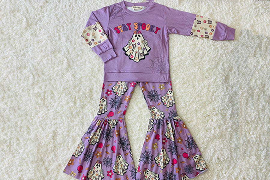 STAY SPOOKY purple ghost printed Halloween girl set X0010-7