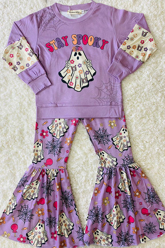STAY SPOOKY purple ghost printed Halloween girl set X0010-7