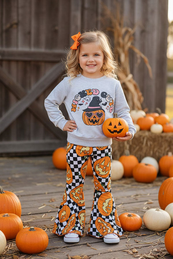 "WICKED CUTE" checkers & pumpkins sweatshirt girls set XCH0010-9H