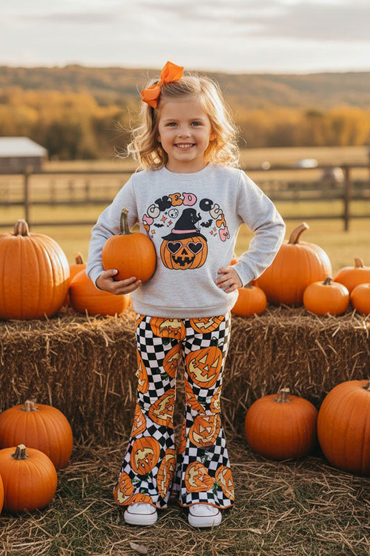 "WICKED CUTE" checkers & pumpkins sweatshirt girls set XCH0010-9H