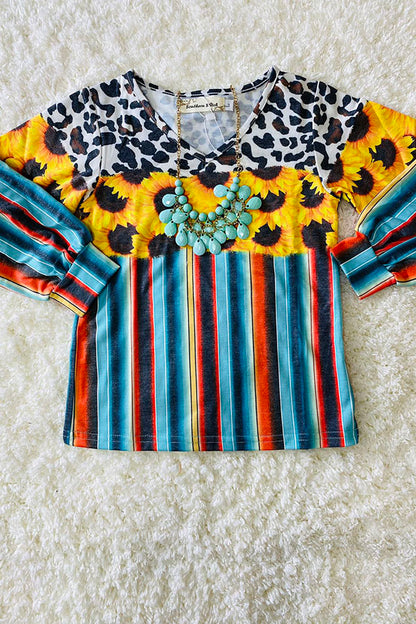 Serape, sunflowers, & cheetah print v-neck top XCH0011-3H