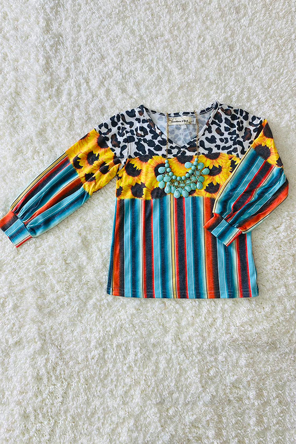 Serape, sunflowers, & cheetah print v-neck top XCH0011-3H