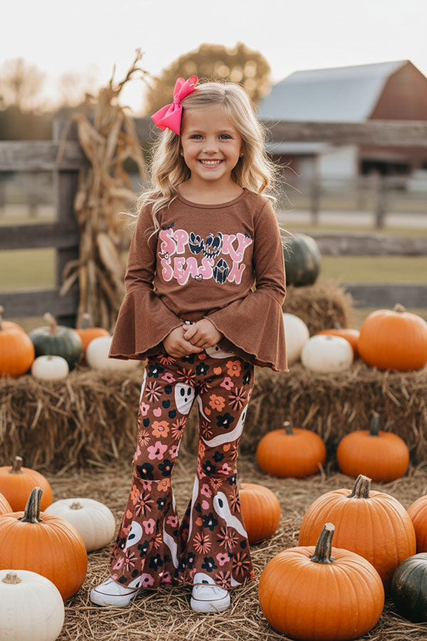 Halloween "SPOOKY SEASON" brown bell sleeve top pant girls boutique set XCH0013-13H